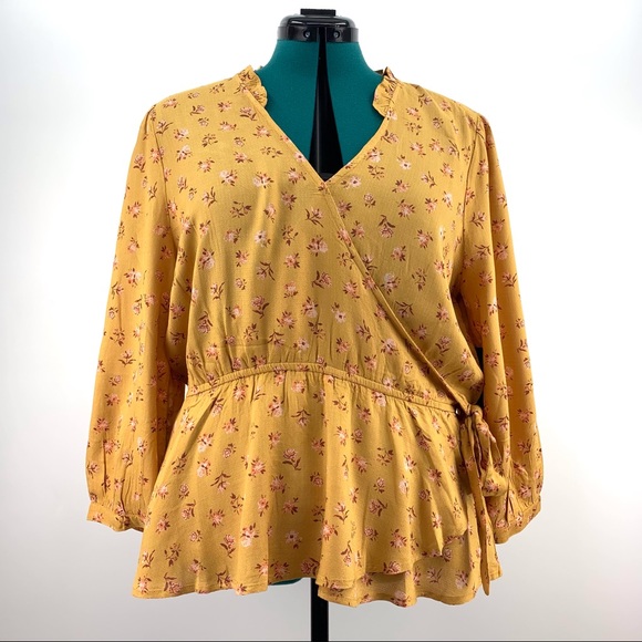 Lucky Brand Tops - Lucky Brand NWT Mustard Yellow Floral Print Peplum 3/4 Sleeve Blouse, Large